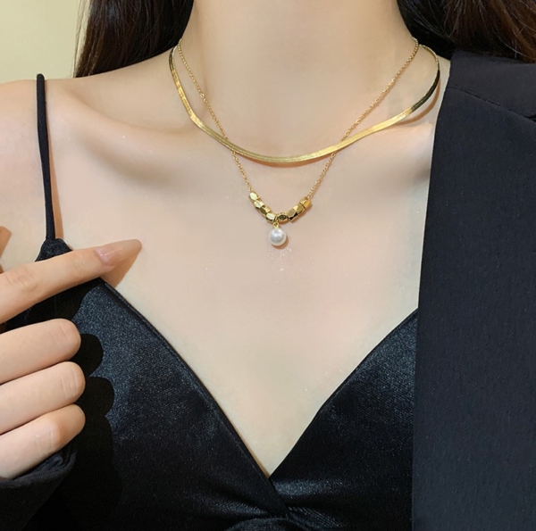 雙層疊戴小方塊珍珠鎖骨鍊