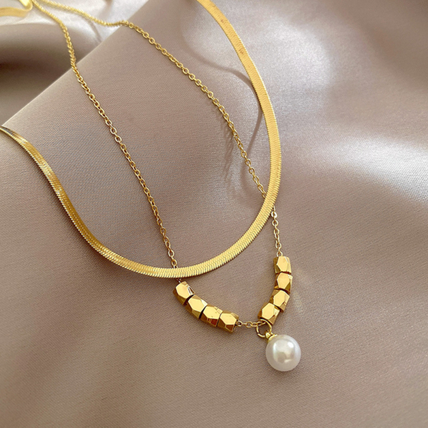 雙層疊戴小方塊珍珠鎖骨鍊