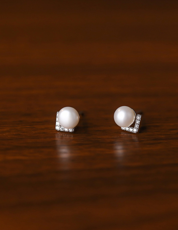 S999純銀｜V形鋯石珍珠耳環